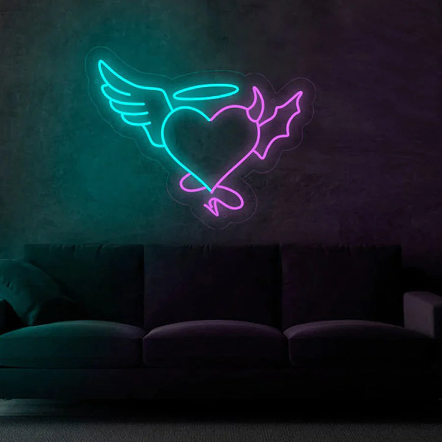 Angel & Devil cuore neon led celeste e fuxia